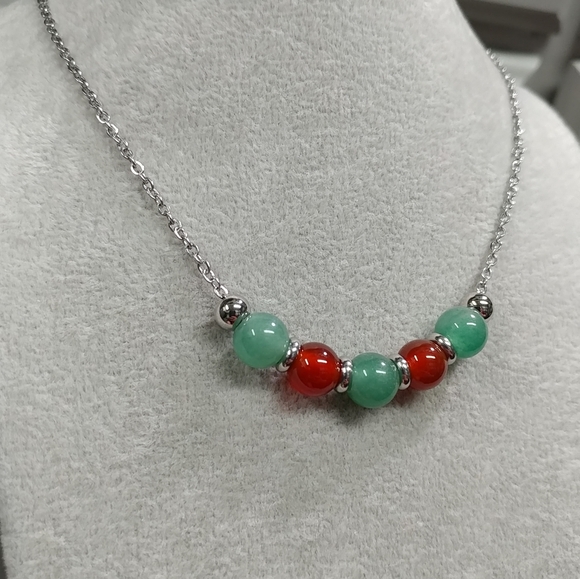 Red Carnelian Green Aventurine Natural Gemstone Necklace Stainless-Steel Crystal - Picture 7 of 13